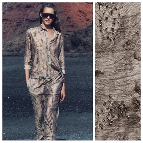 Zara Pants - NWT. Zara ZW Collection Brown/Gray-Brown Embroidered Pants. Size XS.